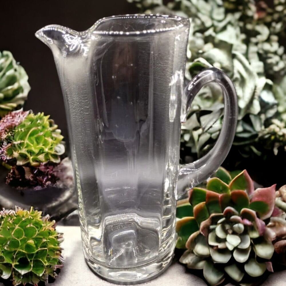 Vintage Heavy Hand-Blown Clear Glass Pitcher w/ Applied Handle & Pinched Spout